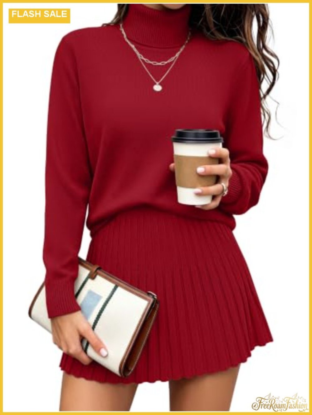 2 Piece Sweater Skirt Set Turtleneck Pullover Pleated Mini Fall Outfit